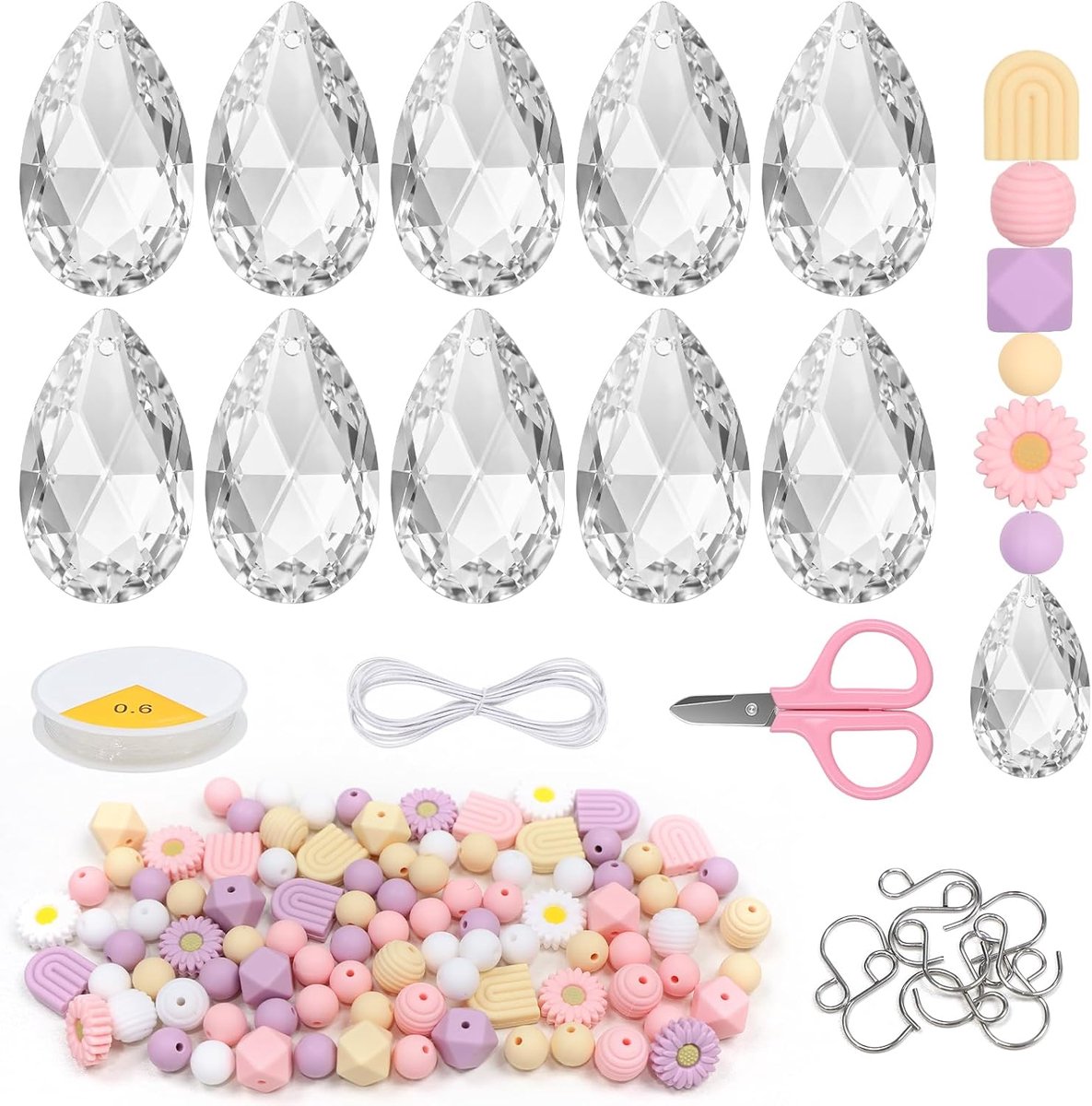 122 Stuks Zonnevanger Maken Set – Suncatcher Kristal DIY Set met 10 Kristallen Zonnevangers en Siliconen Kralen – Raamdecoratie met S Haken en Kristaldraad – Regenboog Hanger