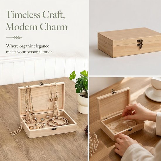 Set van 3 houten kisten met deksel, grenen doos met metalen sluiting, rechthoekige opbergdoos voor doe-het-zelf knutselen, sieraden en souvenirs — afbeelding 3