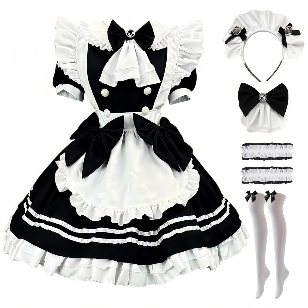 Maid Dress Anime French Maid Outfit met schort, hoofddeksel, strikken, sokken, dames, anime, cosplay, Halloween, carnaval
