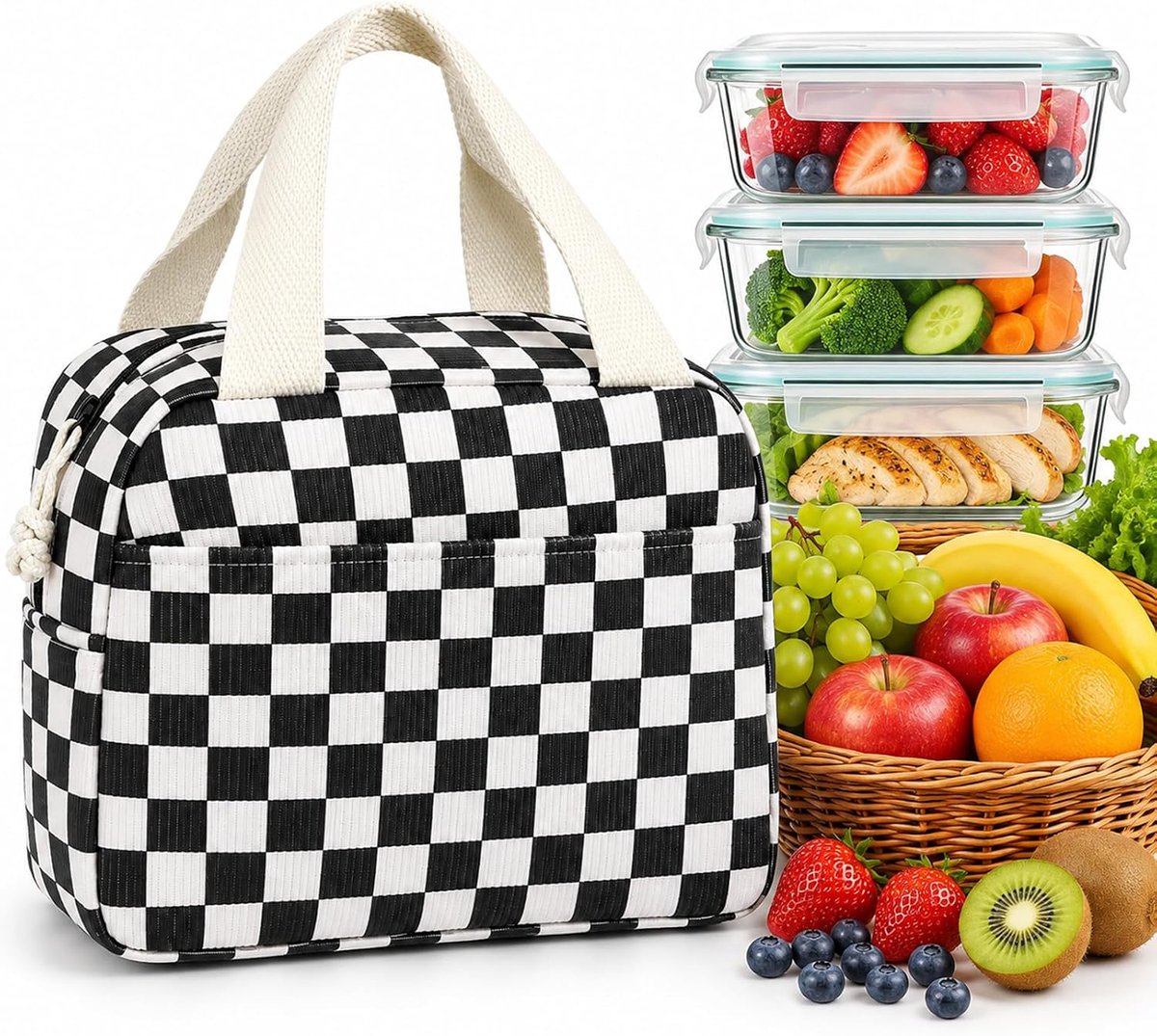 9L Lunchtas, geïsoleerde lunchbox vrouwen, zwart-wit geruit