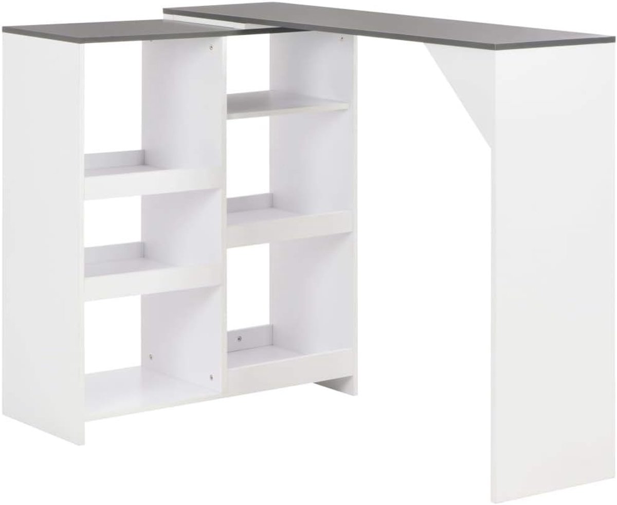 Bartafel met beweegbaar rek, wit, 138 x 39 x 110 cm, van houtmateriaal, tafel – statafel met L-vormig frame en versterkingsdriehoek voor optimale stabiliteit in de eetkamer