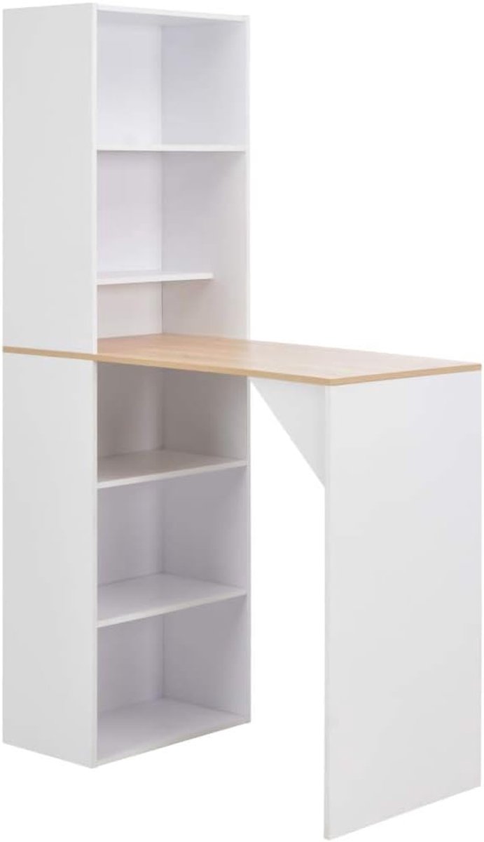Bartafel met kast, wit, 115 x 59 x 200 cm, L-vormig frame, houten materiaal, grote opbergkast voor dranken en wijnflessen in keuken of eetkamer