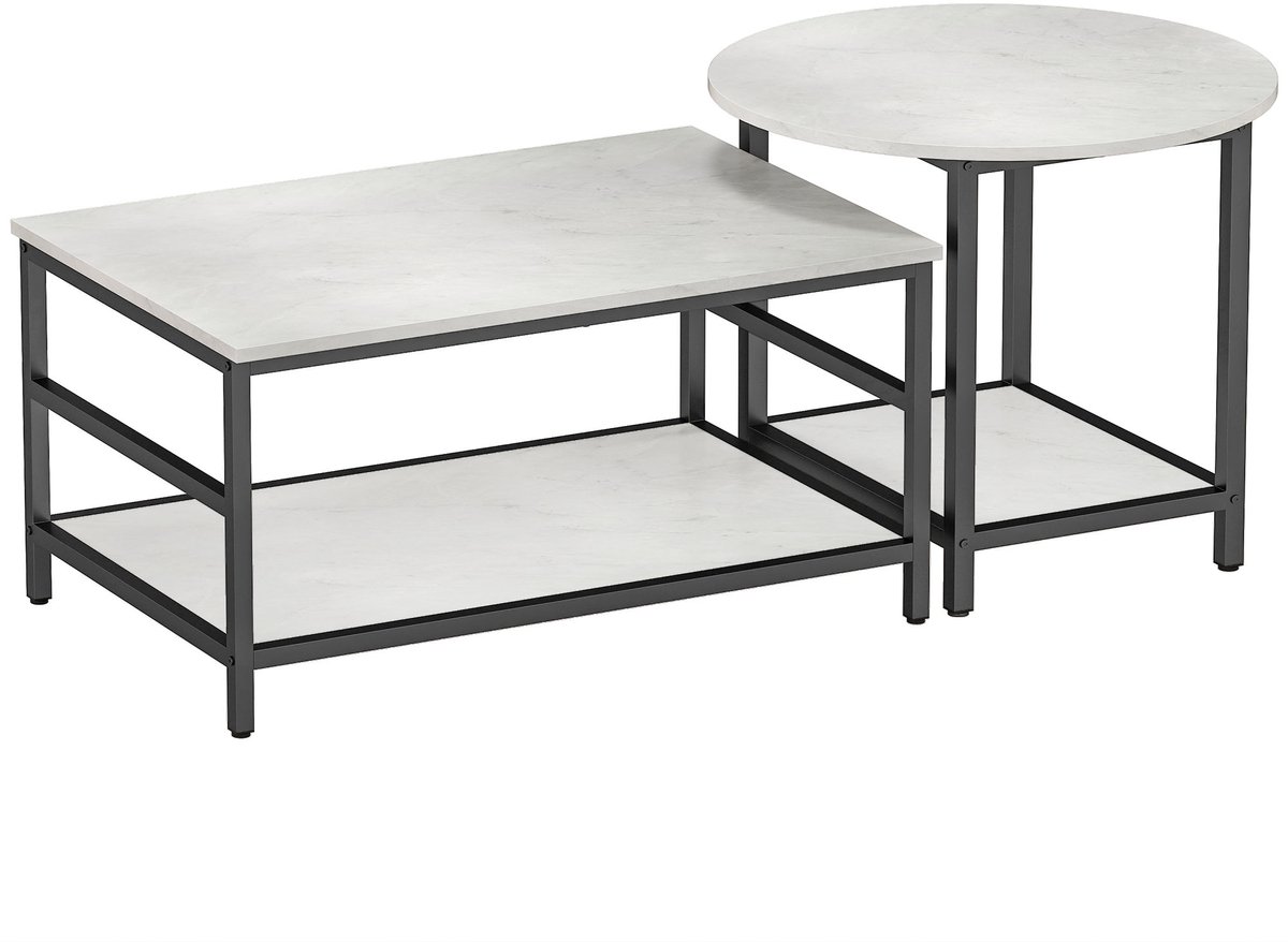 Homona Salontafel-set - 2-delig met ronde en rechthoekige tafel - Marmorlook - Met opbergplank en verstelbare poten - 80 x 54 x 41 cm en 60 x 60 x 51 cm - Zwart/Wit