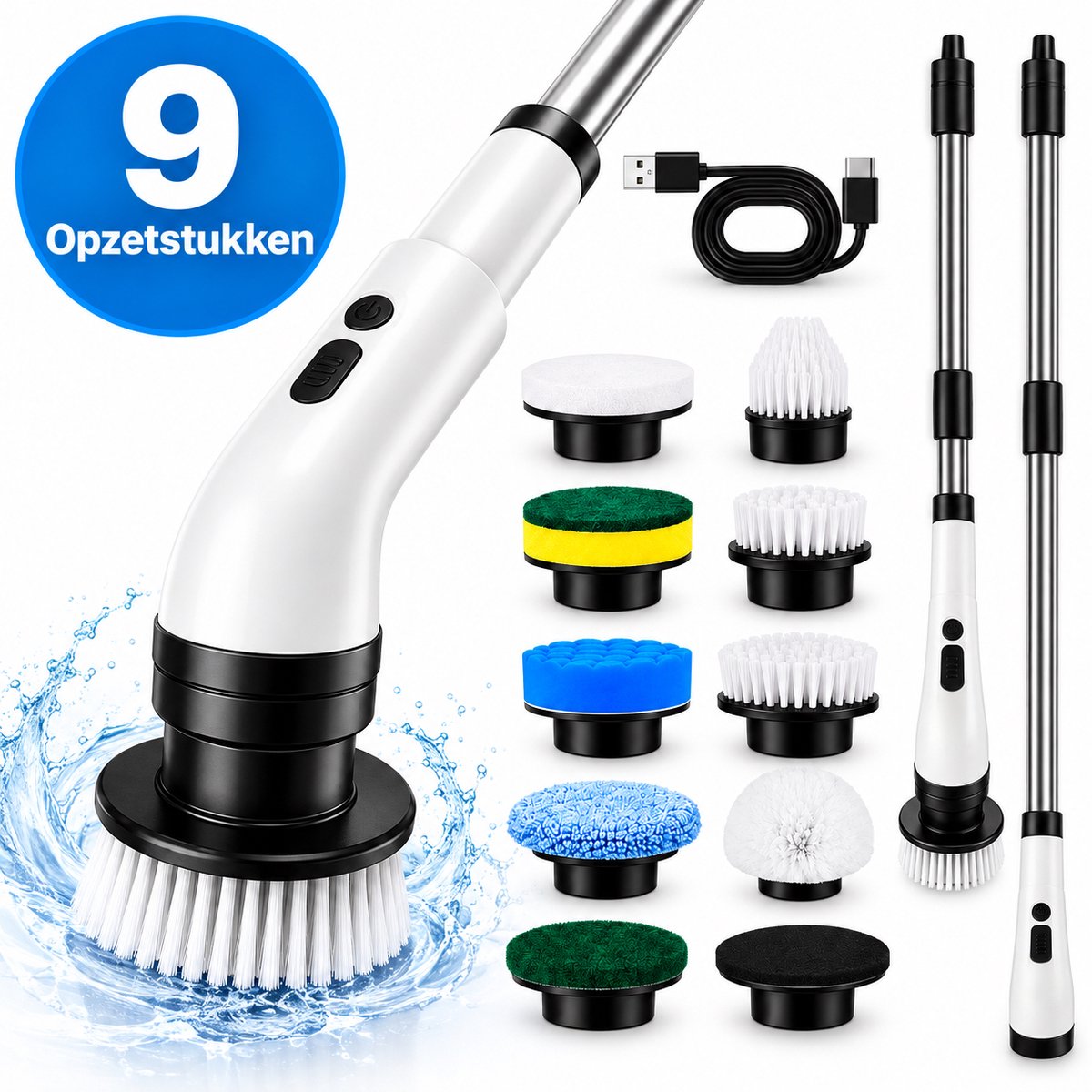 Elektrische Schoonmaakborstel – Elektrische Schrobber - Schrobborstel – voor badkamer of keuken – Schrobber Met Steel - 9 opzetstukken