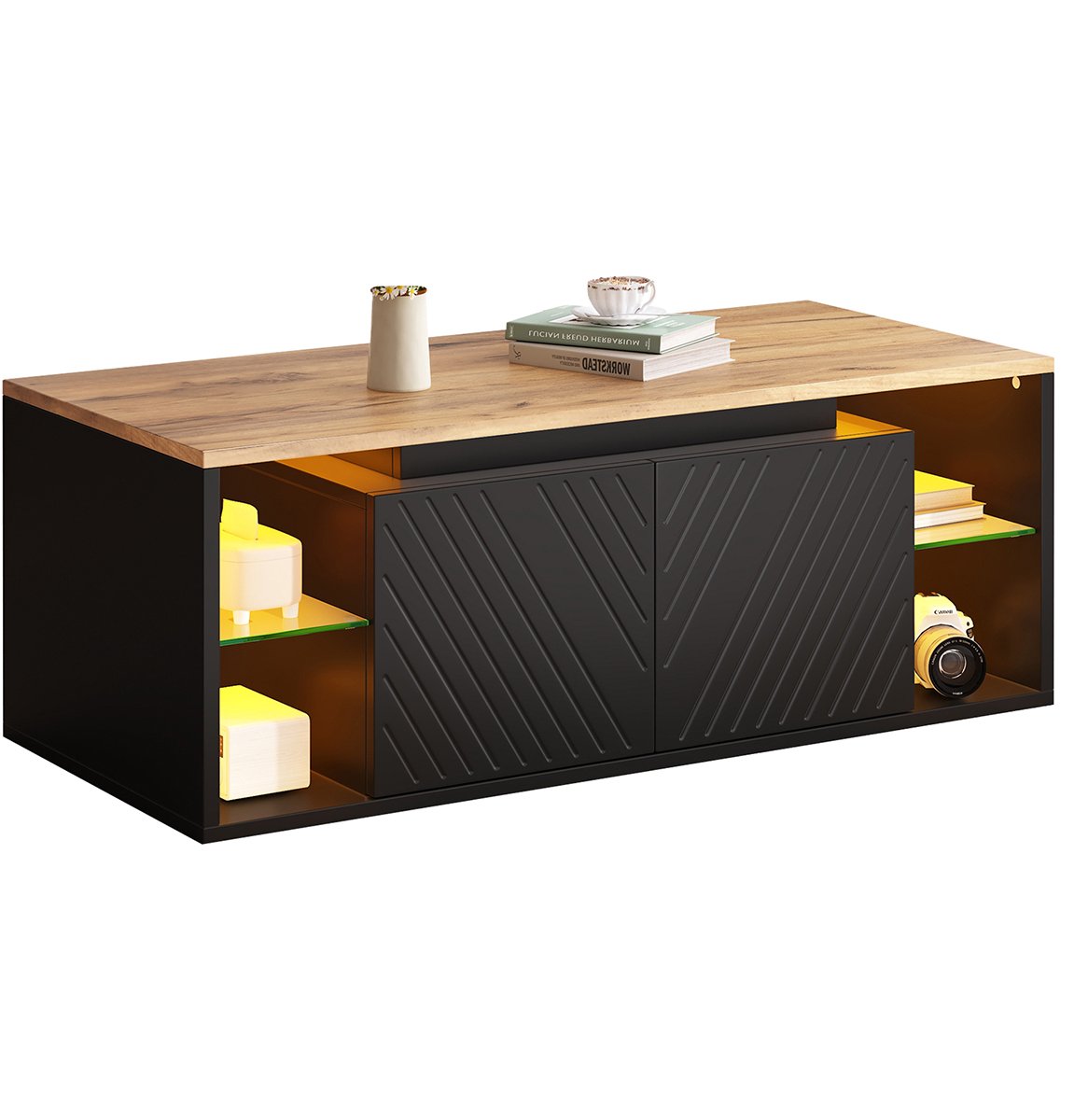 LONG DRAGON - Salontafel - Zwart met ledverlichting - Halfopen opbergruimte & 2 deuren - Draagvermogen tot 30 kg - 100×50×41 cm