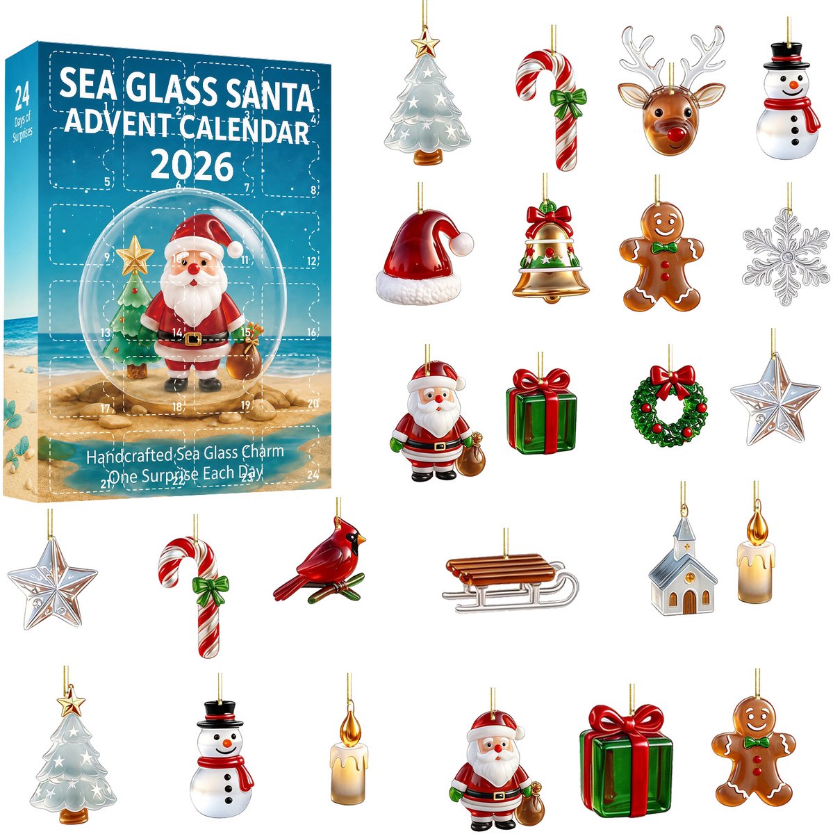 Zeeglas kerst adventskalender 2026- 24 stuks 2D acryl hangornamenten met kerst‑ en zeeglas‑stijl motieven- 24‑daagse aftelkalender voor kerstboomversiering en feestelijk verrassingscadeau