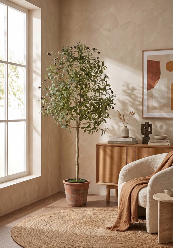 Gedecoreerde woonkamer met een kunst olijfboom in een terracotta pot, naast een fauteuil en een kast.