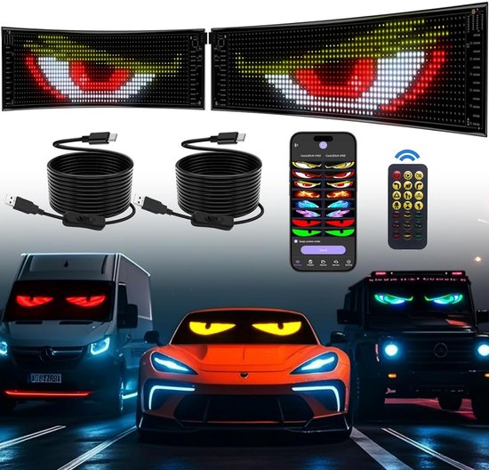 Twee gebogen LED-displays met 'demonische ogen' patronen, en voorbeelden van de display op een bestelwagen, sportauto en SUV.