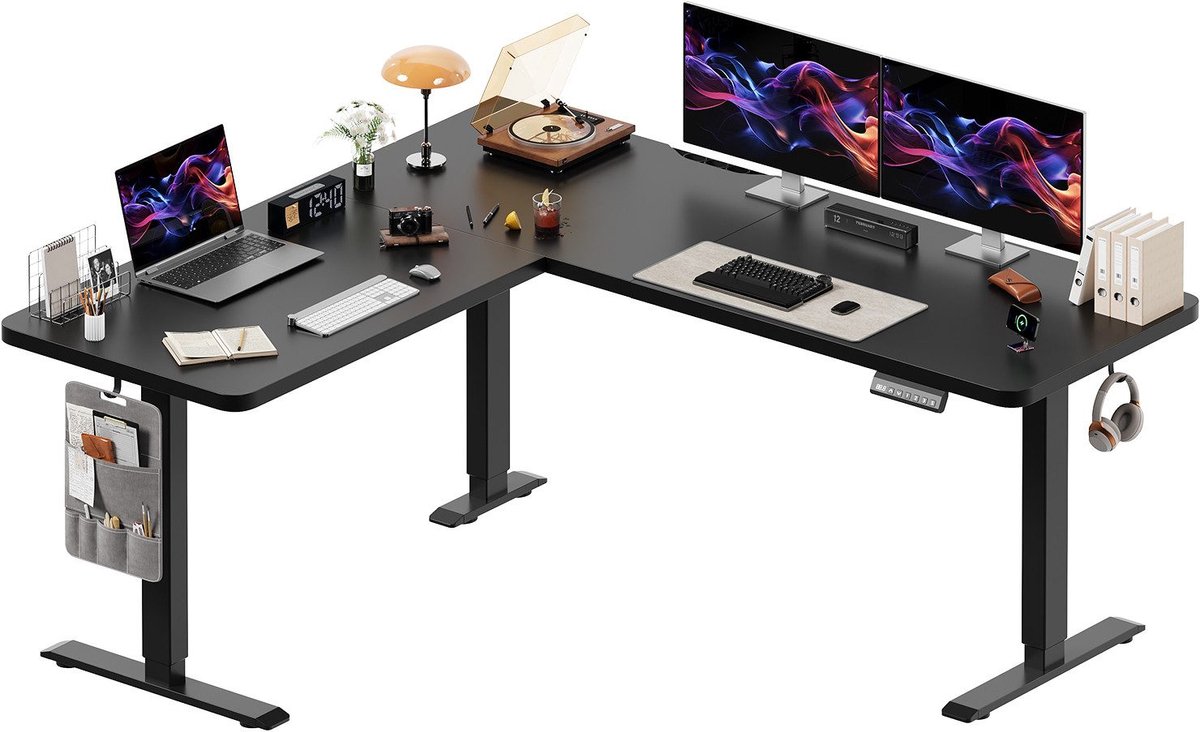 Devoko Elektrisch Verstelbaar Hoekbureau 160 × 140 cm – L-vormig Zit-Sta Bureau met 20 mm Dik Bureaublad – 100 kg Draagvermogen, 3 Geheugenstanden en Kabelmanagement – Zwart
