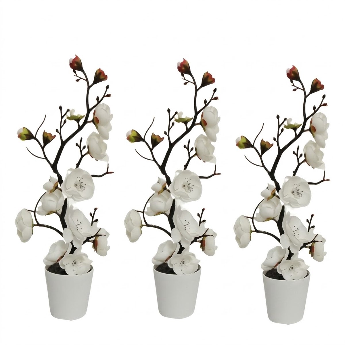 NUVEX Witte kunstbloemen in pot 3 stuks – kunstplanten met bloesem en donkere takken – decoratieve nep bloemen voor woonkamer slaapkamer kantoor tafel bruiloft feest en woondecoratie