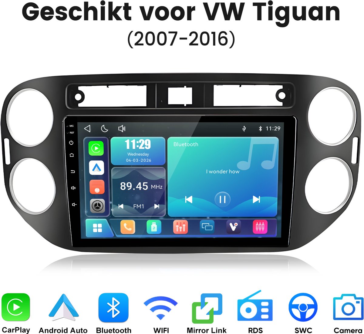 Junsun Linux Systeem Autoradio Geschikt voor VW Tiguan 1NF 2007-2016 - Draadloos Carplay & Andriod Auto - 9 Inch HD TouchScreen - Bluetooth - Navigatie - WiFi - FM - RDS - Stuurwielbediening