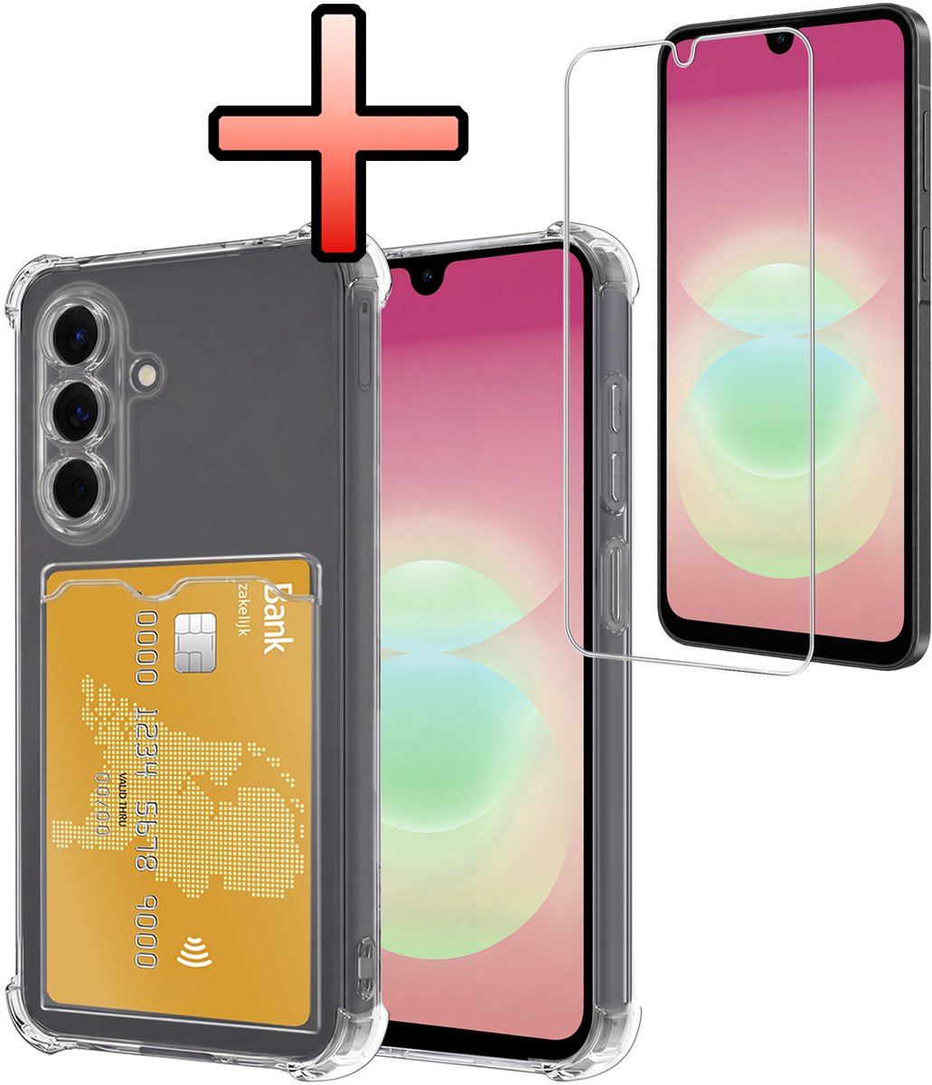 Hoesje - Geschikt voor Samsung Galaxy A18 - Met Screenprotector - En Pashouder - En Kaarthouder - Telefoon Hoes Shockproof - Siliconen Case - Back Cover - Shock Proof - Pasjes Houder - Transparant