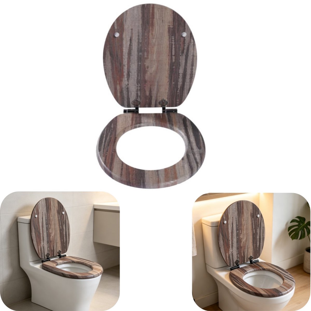 Toiletbril - Houten toiletdeksel - WC bril - Zelfsluitend langzaam - Schroefmontage - Duurzaam - Gemakkelijk schoon te maken - Stil - Badkameraccessoires - Geschikt voor badkamer, wc (bruin, 43*37cm)