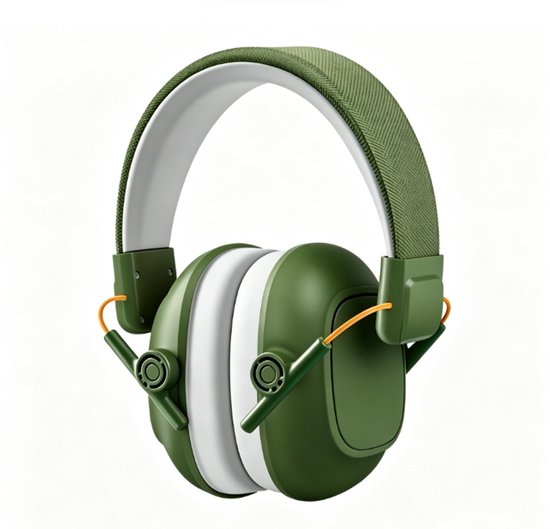 Legergroene gehoorbeschermers met witte oorkussens en een groen stoffen hoofdband.