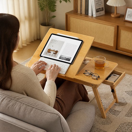 Vrouw gebruikt laptoptafel met tablet, toetsenbord en bril. Tablet staat in een verstelbare stand, met een beker thee en een lade.