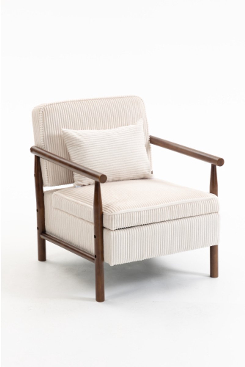 Rolipo Fauteuil - Accentstoel met houten frame - Schuimvulling en lendenkussen - Opbergruimte onder zitting – Woonkamer – 80 x 61 x 71,9 cm – Wit