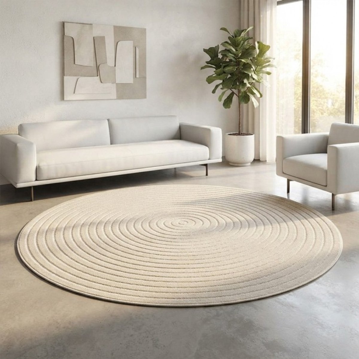 TapisTrend Designer tapijt Beige 160 cm rond Rond buitenkleed met minimalistische concentrische cirkels voor terras, balkon, woonkamer en eetkamer
