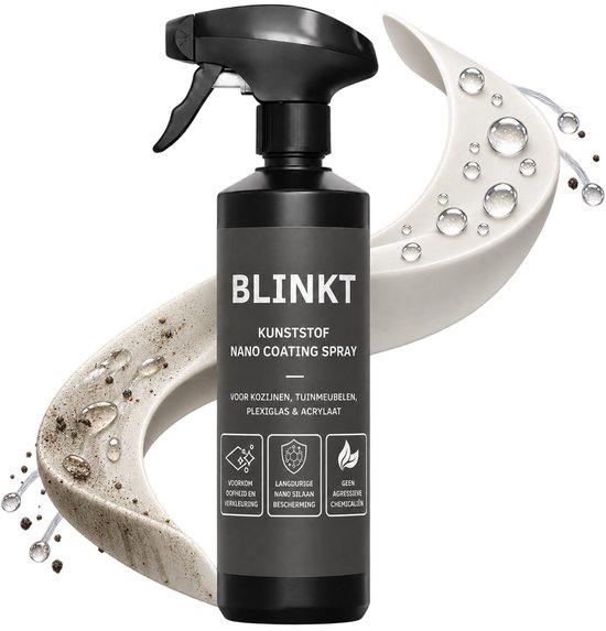 Zwarte spuitfles BLINKT kunststof nano coating spray op een zwarte achtergrond met witte decoratieve elementen en waterdruppels.
