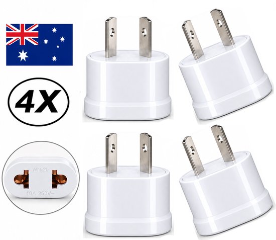 Vier witte reisstekkers met Australische stekkers en een kleine adapter. De Australische vlag staat linksboven. "4X"