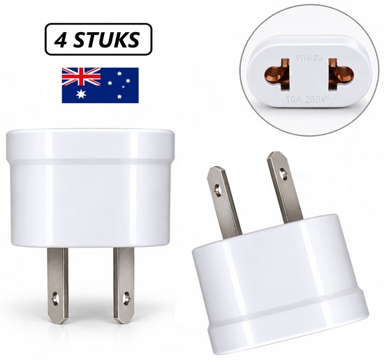 Twee witte reisadapters met Australische stekkers. Links de adapter van voren, rechts de adapter schuin van voren. "4 STUKS" en Australische vlag.