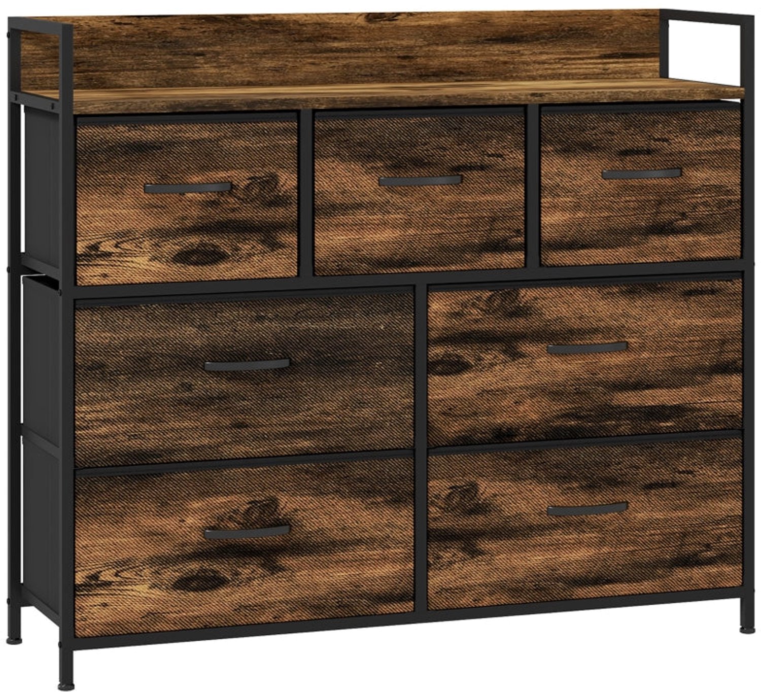 Merax Ladekast Met 7 Stoffen Lades – Industrieel Opbergmeubel Met Stalen Frame – Bruin – 98x29x85 cm