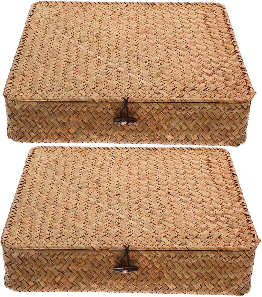2 Stuks Geweven Opbergdoos Opbergbakken Met Deksels Opbergmanden Speelgoed Opbergbakken Decoratieve Opbergbak Zeegrasmand Met Deksel Zeegras Geweven Mand Geel Zeewier,
