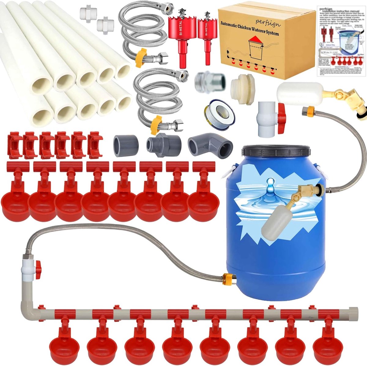 Set pijpleiding automatisch kippenwatersysteem (58 accessoires inbegrepen) Kippenwaterbekers, kippenwater, gevogelte waterer, kippenbewateringssysteem, met PVC-pijpleiding, vlotterventiel en
