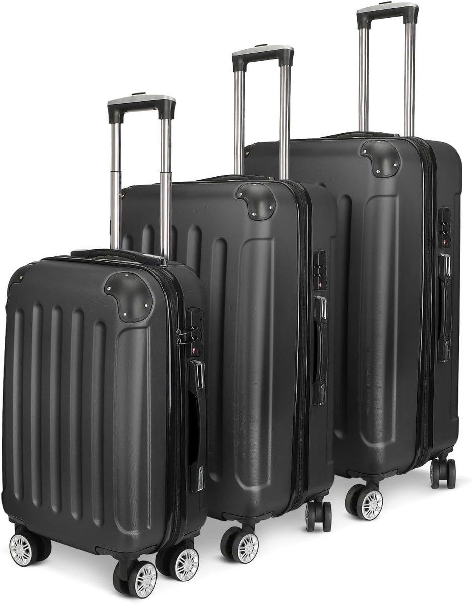 Set van 3 koffers, reiskoffer, set met 3 koffers, trolleykoffers, mode van licht ABS met harde transportkoffer, met 4 wielen en intrekbare handgreep, koffer, Zwart, enkel