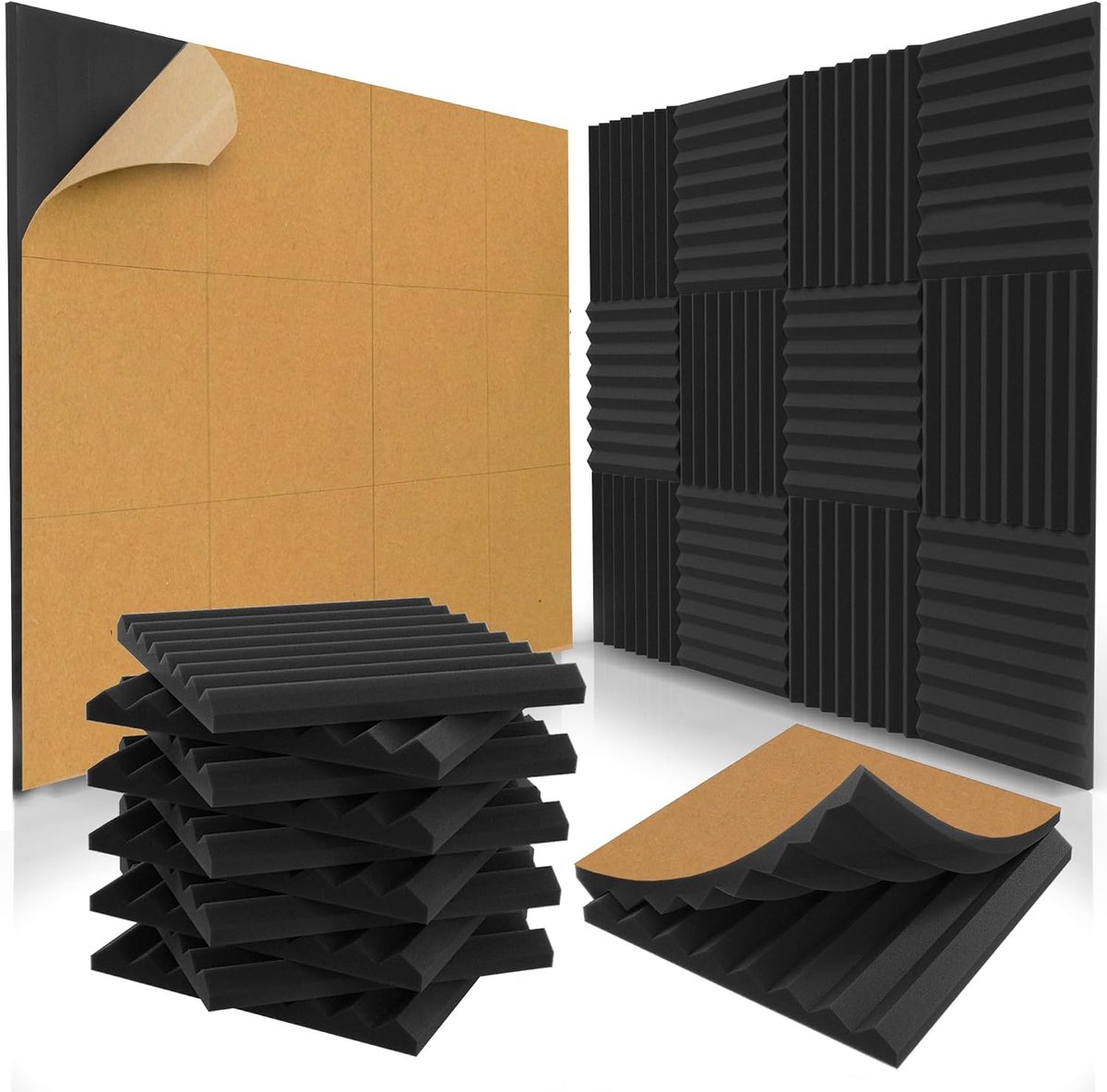 12 stuks zelfklevende akoestische panelen 30,5 x 30,0 cm - akoestisch schuim - studioschuimwiggen - panelen met hoge dichtheid - geluidsdichte wiggen - houtskool