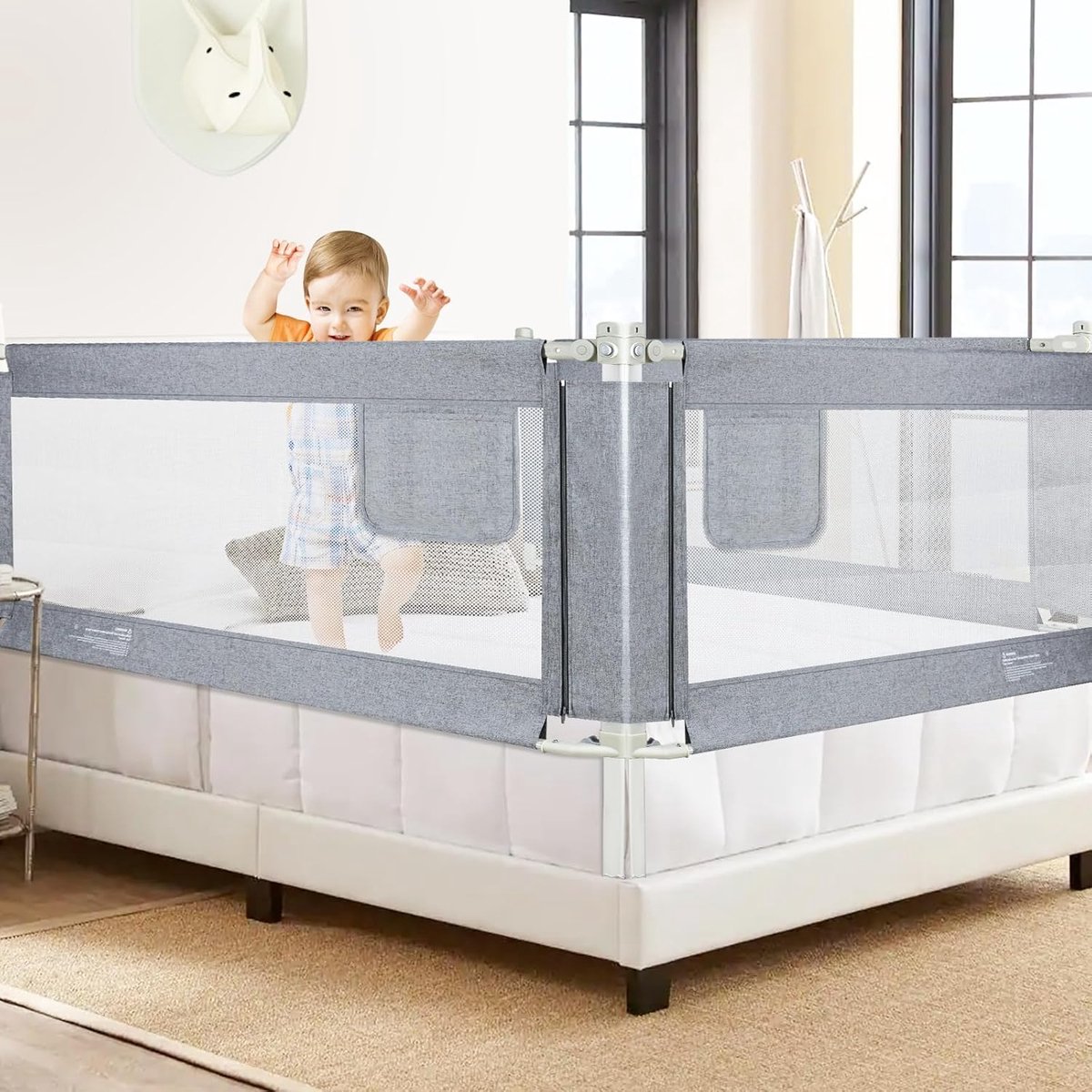 180 cm, kinderbedhek voor kinderen en baby's, valbeveiliging, bed met verticale hef- en valbeschermingsfunctie, bedbeschermingsrooster, versterkt ankerveiligheidssysteem