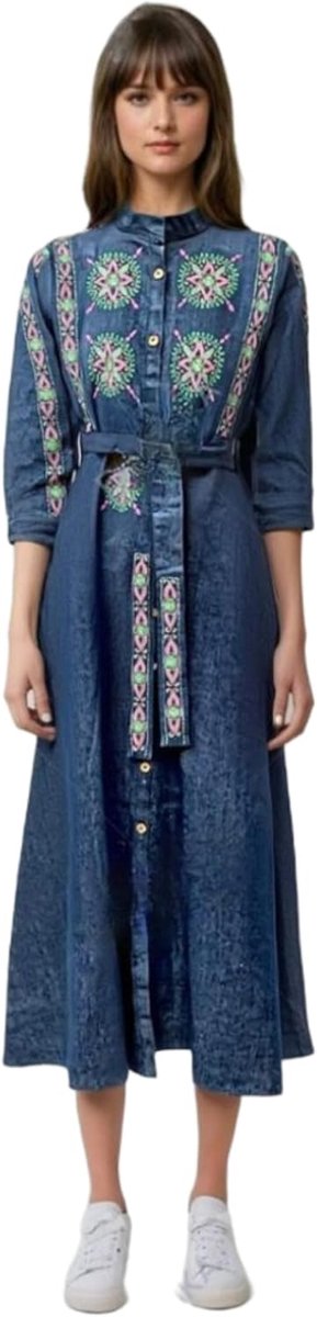 Geborduurde denim maxi-jurk voor dames, knoopsluiting, 3/4 mouwen, bloemenpatroon met riem, blauw, Beige met zwart borduurwerk, one size
