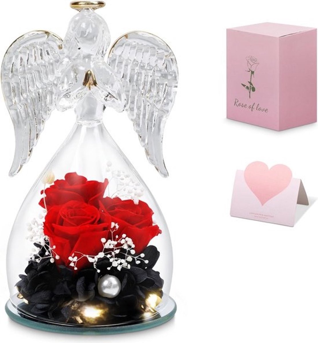 Roos bewaren - Eeuwige bloem - Decoratief cadeau - Met engel - 7.5 x 12.5 cm - Rood