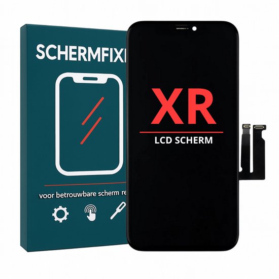 iPhone XR scherm met "XR LCD SCHERM" tekst, naast een verpakking met "SCHERMFIXI" logo.