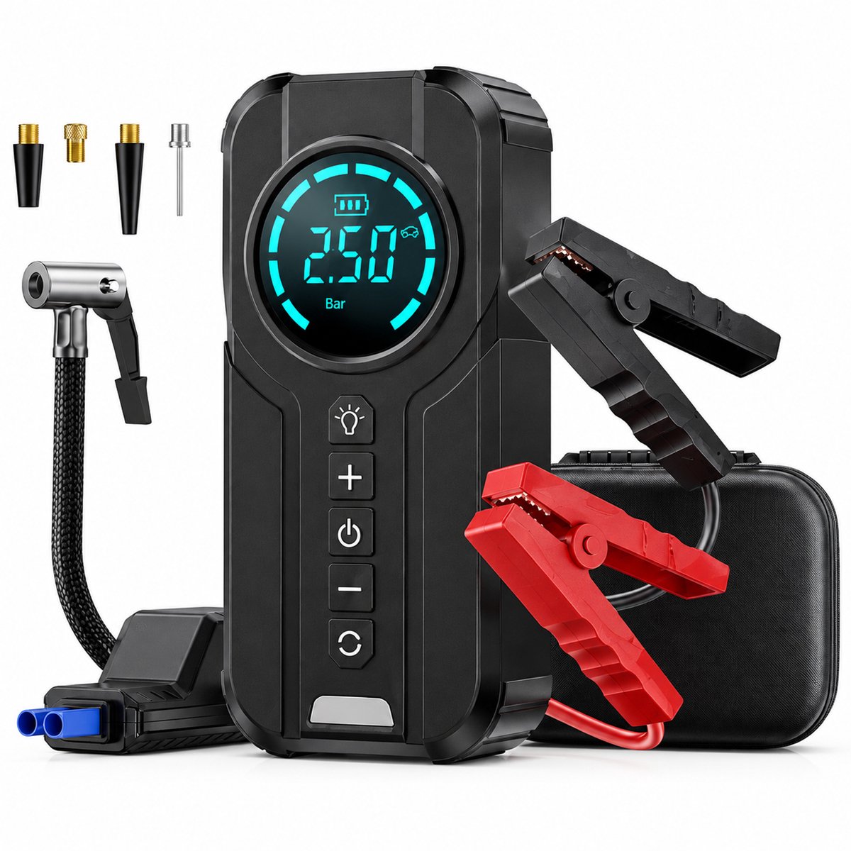 Digisand 12V Jumpstarter voor Auto & Motor met Compressor - 8000 mAh - 5-in-1 Starthulp met Luchtcompressor, Powerbank, LED Zaklamp en SOS Noodlicht - Bandenpomp - Incl. Hardcover