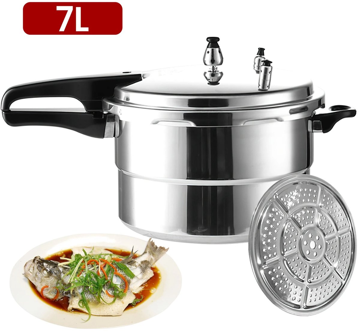DeltaMerch Snelkookpan - Drukkoker -Stoompan - 7 Liter - 24 cm - Met Stoominzet - Inductie - Gas - Elektrisch - Halogeen - Zilver