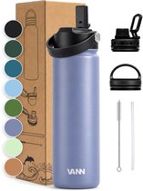 VANN® 3-Wandige RVS Drinkfles 650 ML met rietje voor volwassenen – Met 5 accessoires – Thermosfles – 24 uur koud/12 uur warm – Lavender Grey – VANN Ultimate Bottle®