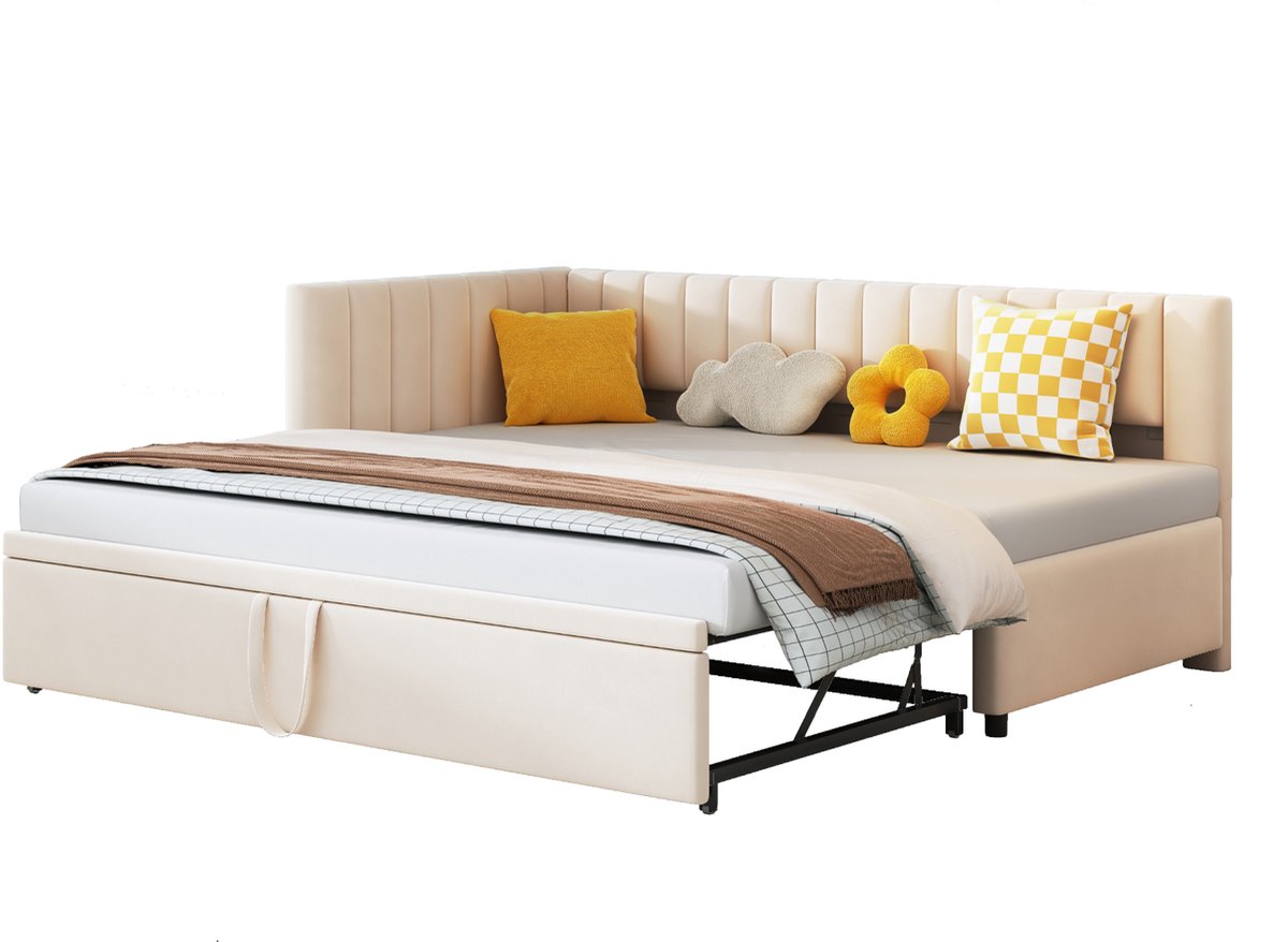 L-vormige slaapbank - Beige bedbank - Uitschuifbed 90x200 - Met rugleuning - 120kg draagkracht - Logeerkamer - 208x97,5x75 cm - Beige