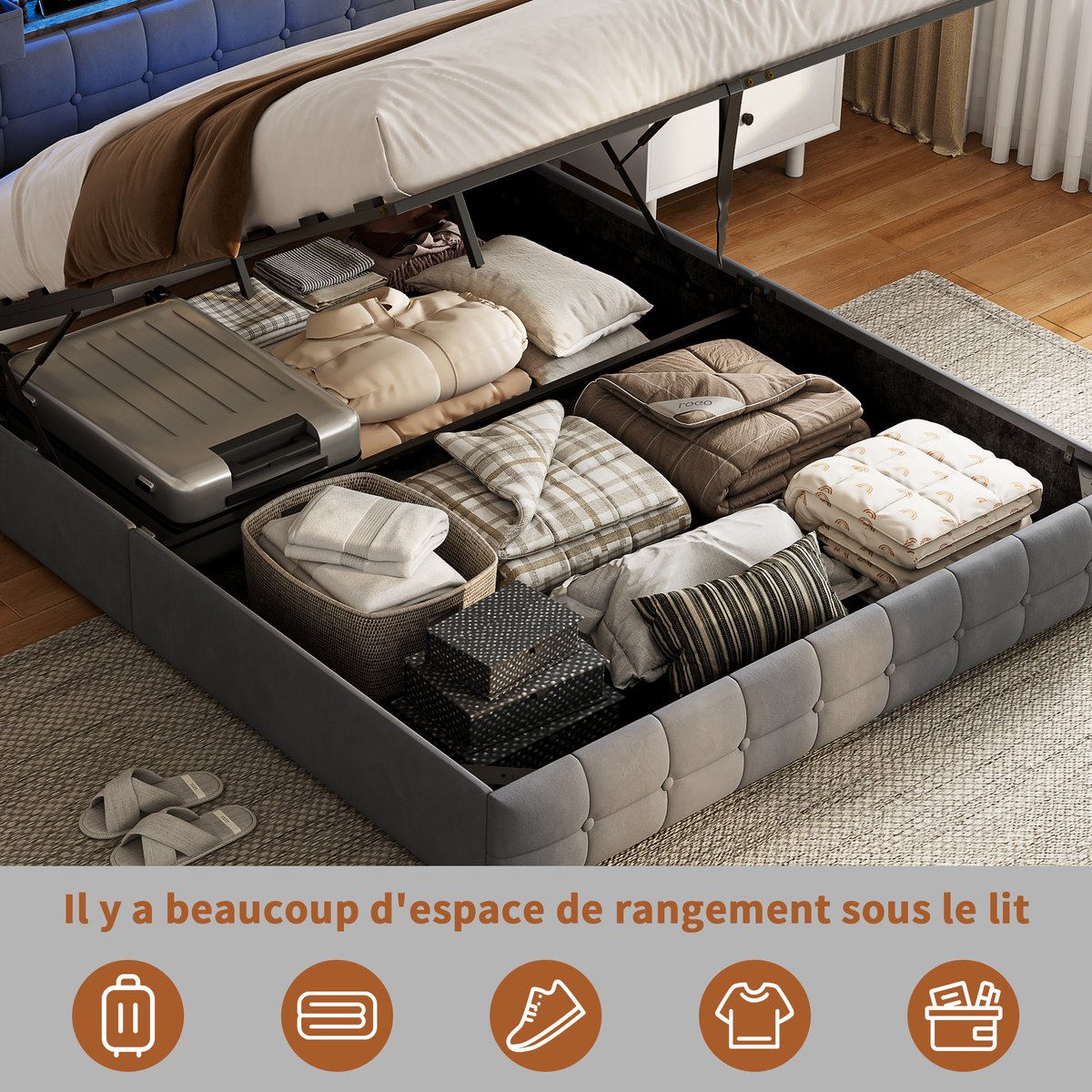 Tweepersoons opbergbed 160x200 cm - Grijs - Hydraulisch Bedframe met Ruime Opbergruimte, Hoofdbord met 2 Lades, RGB LED-Verlichting, USB & Type-C Oplaadpoorten thumbnail 2