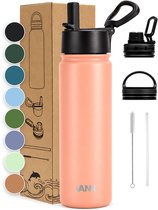 Koraalkleurige VANN drinkfles van roestvrij staal met zwarte dop en accessoires. Kleurstaaltjes links.