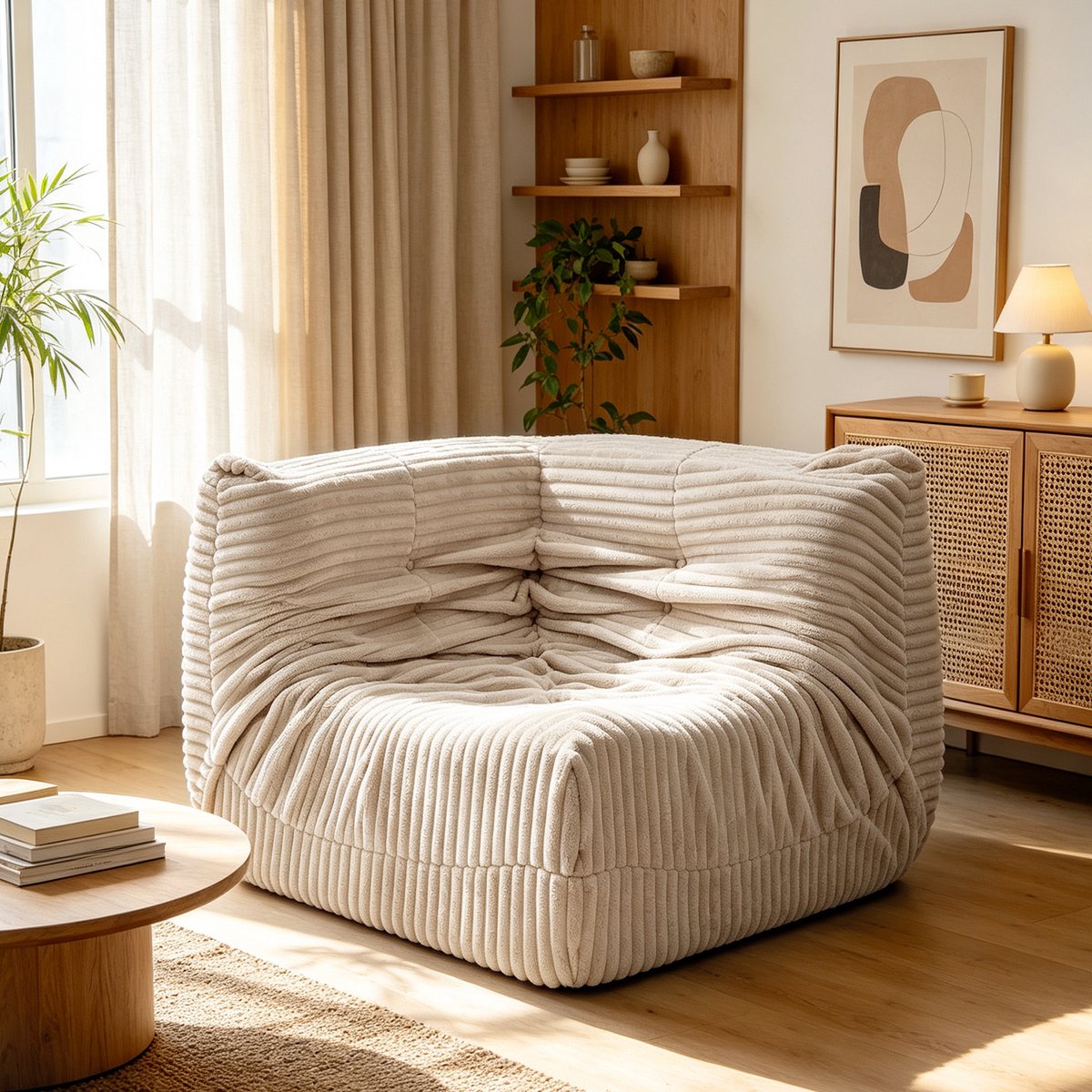 Puluomis Zitzak sofa - Fauteuil met Poef - Hoekbank - Flueel Fleece - 30D spons - 95x95x65cm - Beige