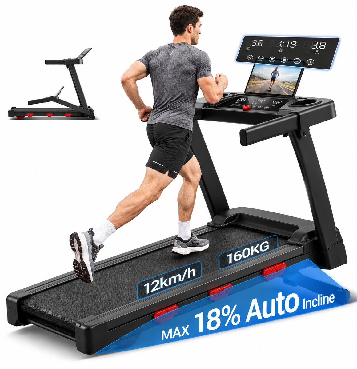 Opvouwbare loopband, maximale snelheid 12 km/u, met LED-display, voorzien van 12 trainingsprogramma’s, stille motor van 3,0 pk, maximaal draagvermogen 160 kg