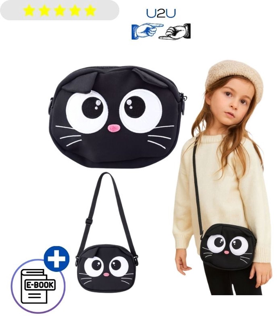 Zwarte Kat Schoudertas Crossbody Tas Kinderen Pluche Katten Tas Verstelbare Schouderriem Ritssluiting Compacte Tas Kinder Schoudertas Handige Opbergtas Telefoon Tas Portemonnee Tas Cadeau 21x16x5,5 cm Met Ebook