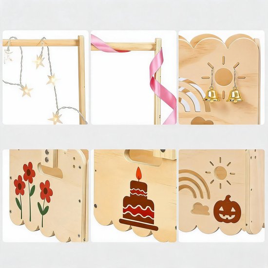 Detailafbeeldingen van houten krat met versieringen: sterrenlichtjes, lint, belletjes, bloemen, taart, pompoen.