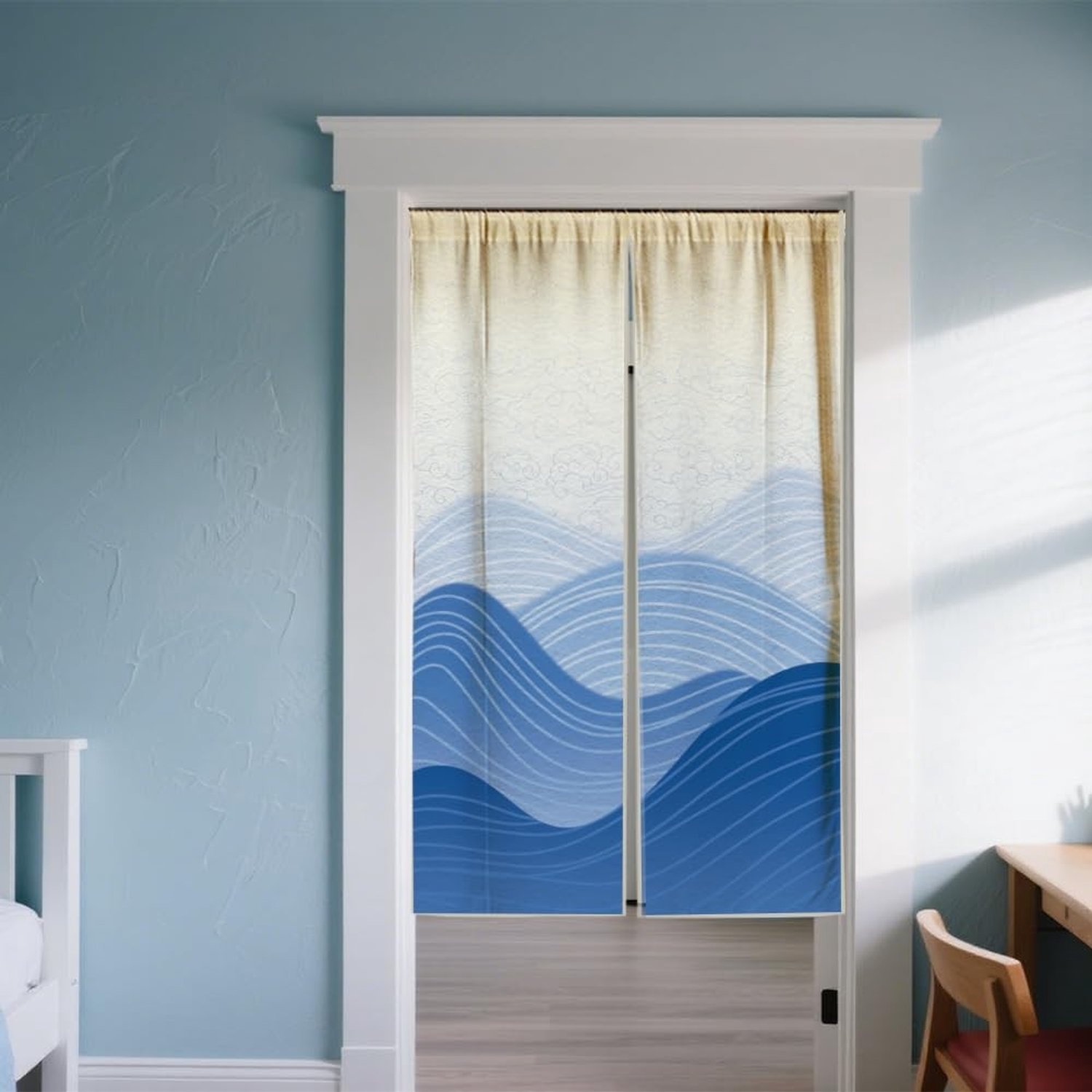 Deurgordijn Japanse Stijl Oceaan en Bergen Golfpatroon Kamerverdeler 85 x 150 cm