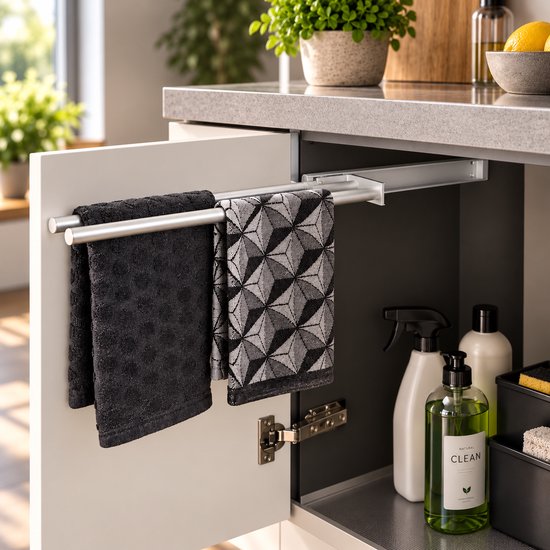 Porte-serviettes rétractable à deux bras, avec deux serviettes, dans un placard.