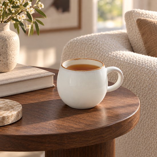 Fameilleur Grote Koffiemok 450 ml – Witte Theemok met Oor en Bruine Rand – Ronde Stoneware Beker voor Koffie, Thee en Warme Chocolademelk – Vaatwasser- en Magnetronbestendig – 1 Stuk- koffie mok - koffie beker- koffiebeker — afbeelding 4