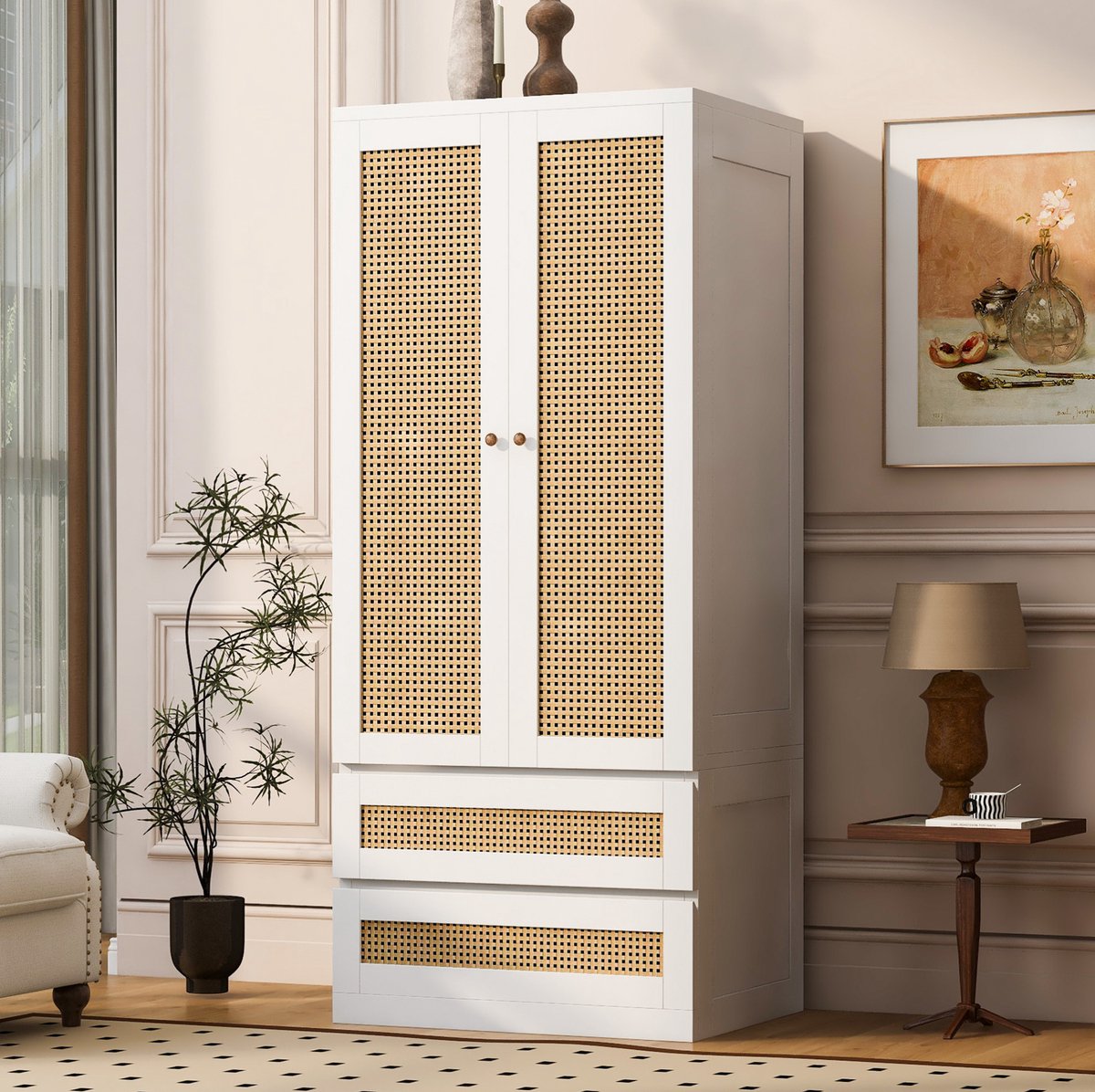 MODENUIT Kledingkast - Dubbele Deuren, 2 Lades En Rattanlook - Voor Slaapkamer - Hout - Wit - 70x55x170 Cm
