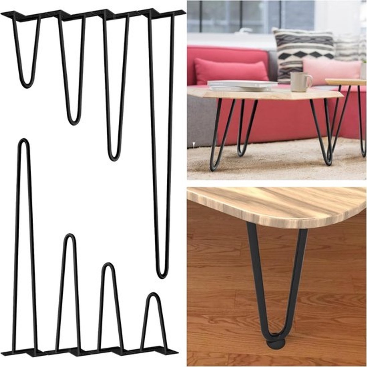 Set van 4 zwarte metalen hairpin-tafelpoten - inclusief vloerbeschermers & schroeven - voor bureaus & salontafels