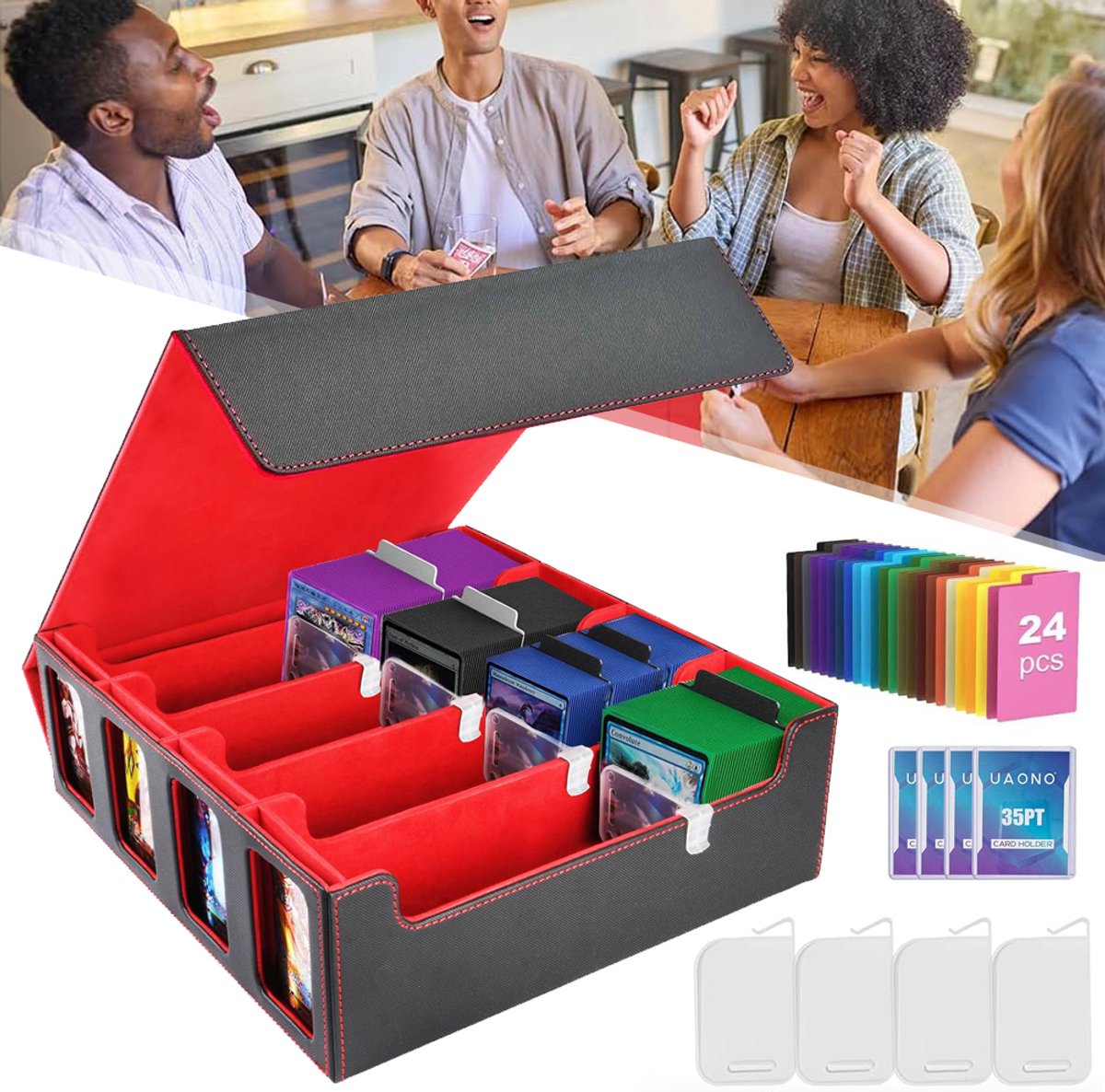 Opbergdoos Voor Ruilkaarten - MTG-Deckbox Met 4 Toploaders - TCG-Kaarthouder - Met 24 Verdelers En 4 Ondersteuners