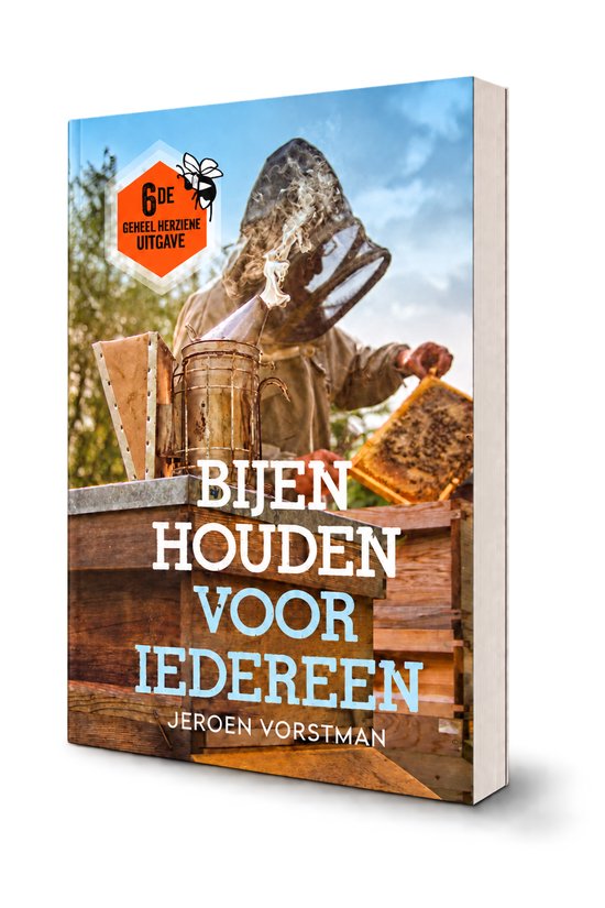 Boek "Bijenhouden voor iedereen", 6de herziene uitgave, met imker en bijenkast.